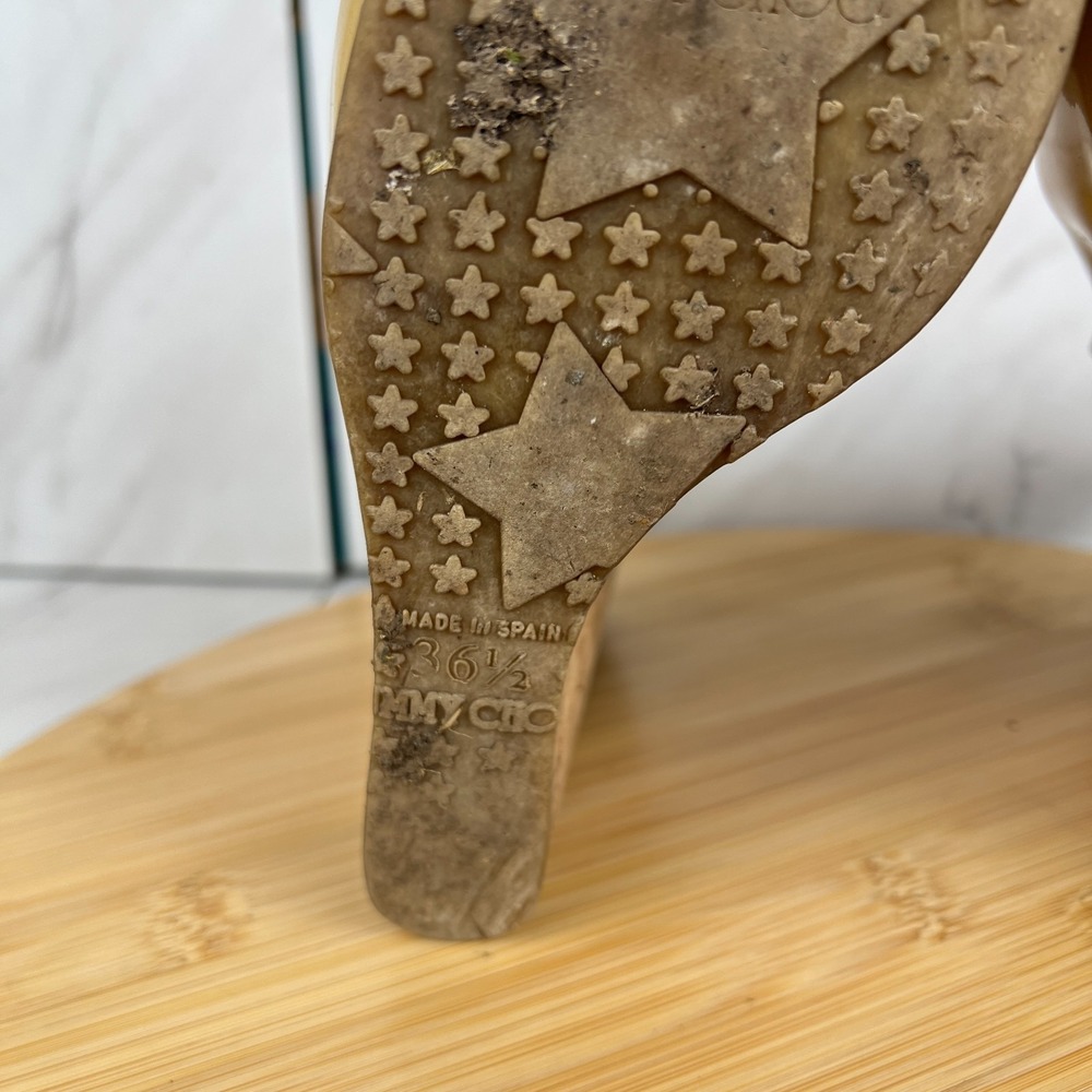 Jimmy Choo Prova Womens Size 6.5 EU 36.5 Yellow Patent Leather Cork Wedge Sandal - Picture 9 of 12